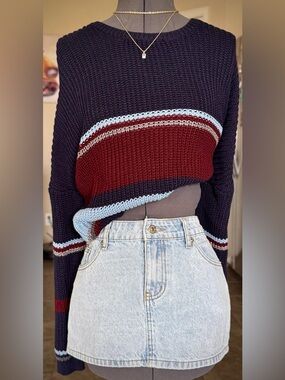 Navy Maroon Red Light Blue Gold Striped Knit Sweater Top L